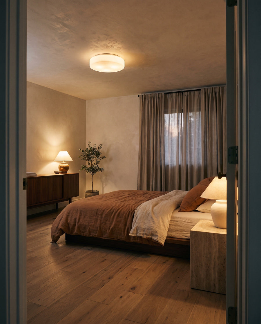 A round frosted glass flush ceiling light glowing in a calm bedroom
