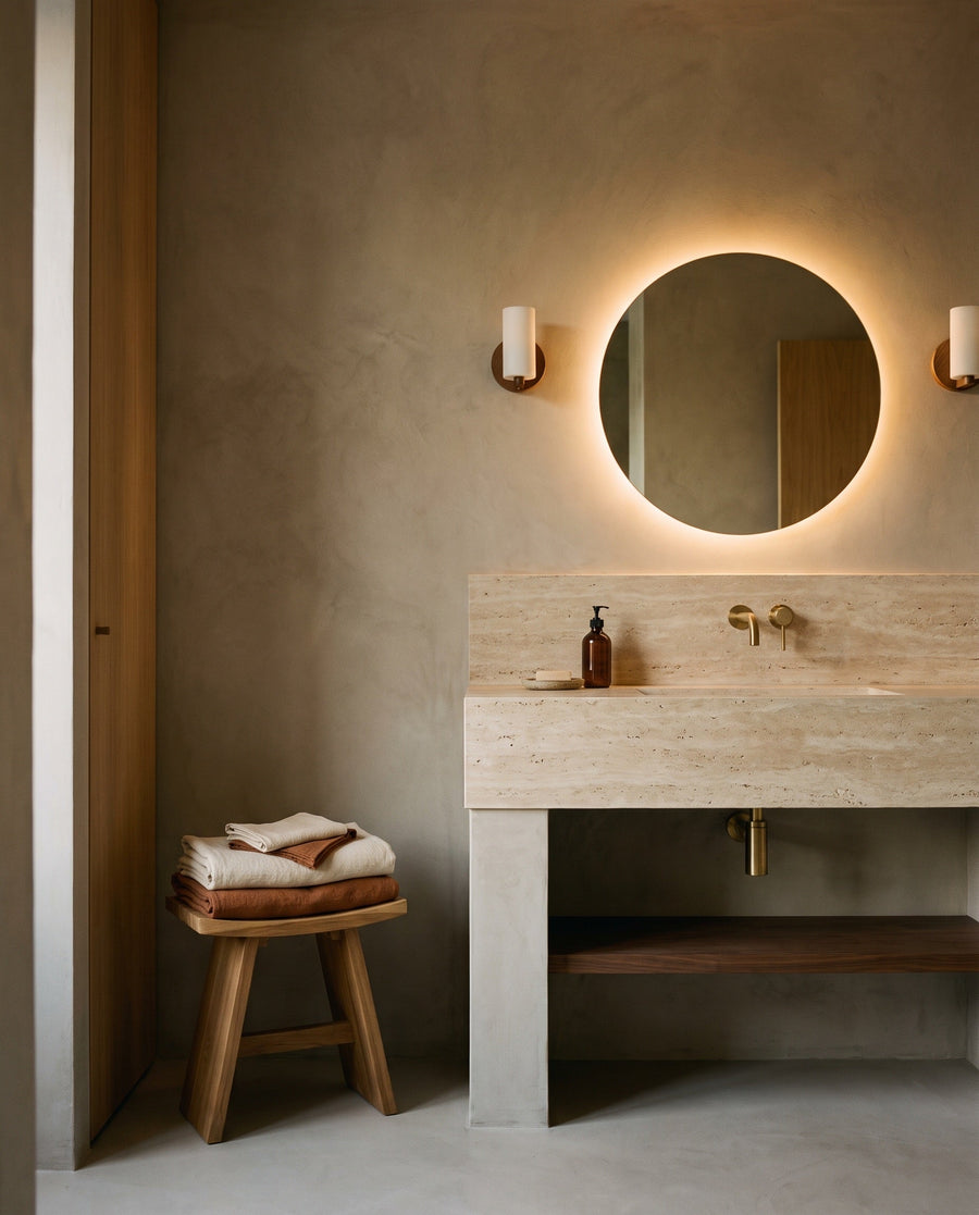 A round backlit mirror glowing above a travertine bathroom vanity