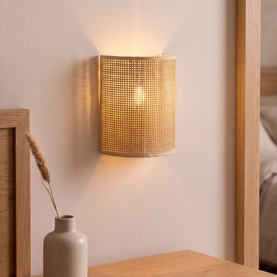 Woven rattan half-cylinder wall lamp glowing above an oak nightstand