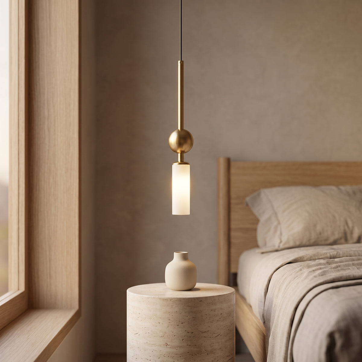 Gold pendant light with a milk white glass tube beside a bed