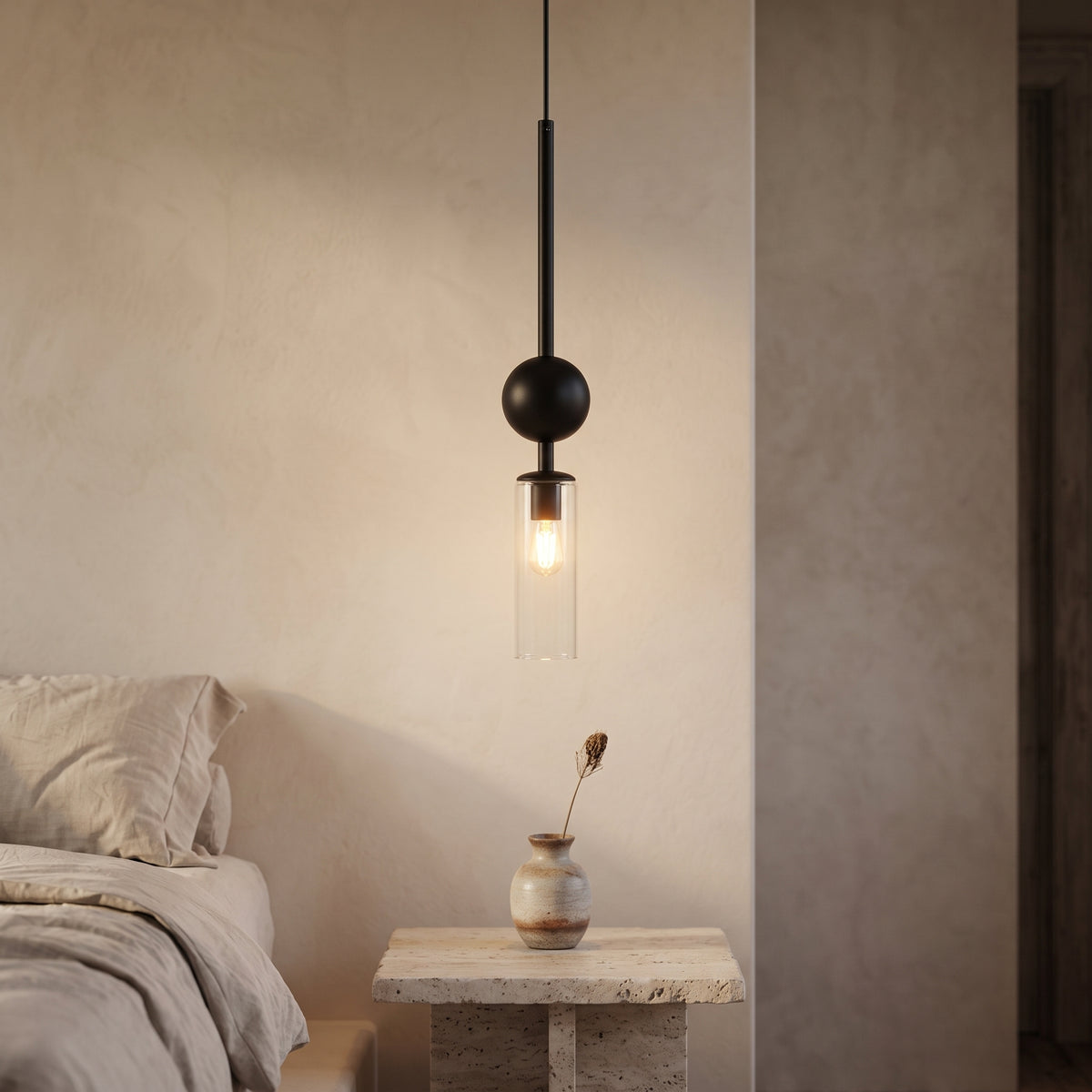 Ame Glass Drop Pendant – Slim Glass Tube Shade with Ball Cap, Modern Pendant Light, G9 Bulb Included, Black or Gold