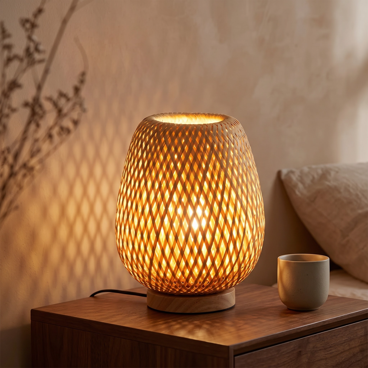 Woven bamboo table lamp glowing amber on a walnut nightstand
