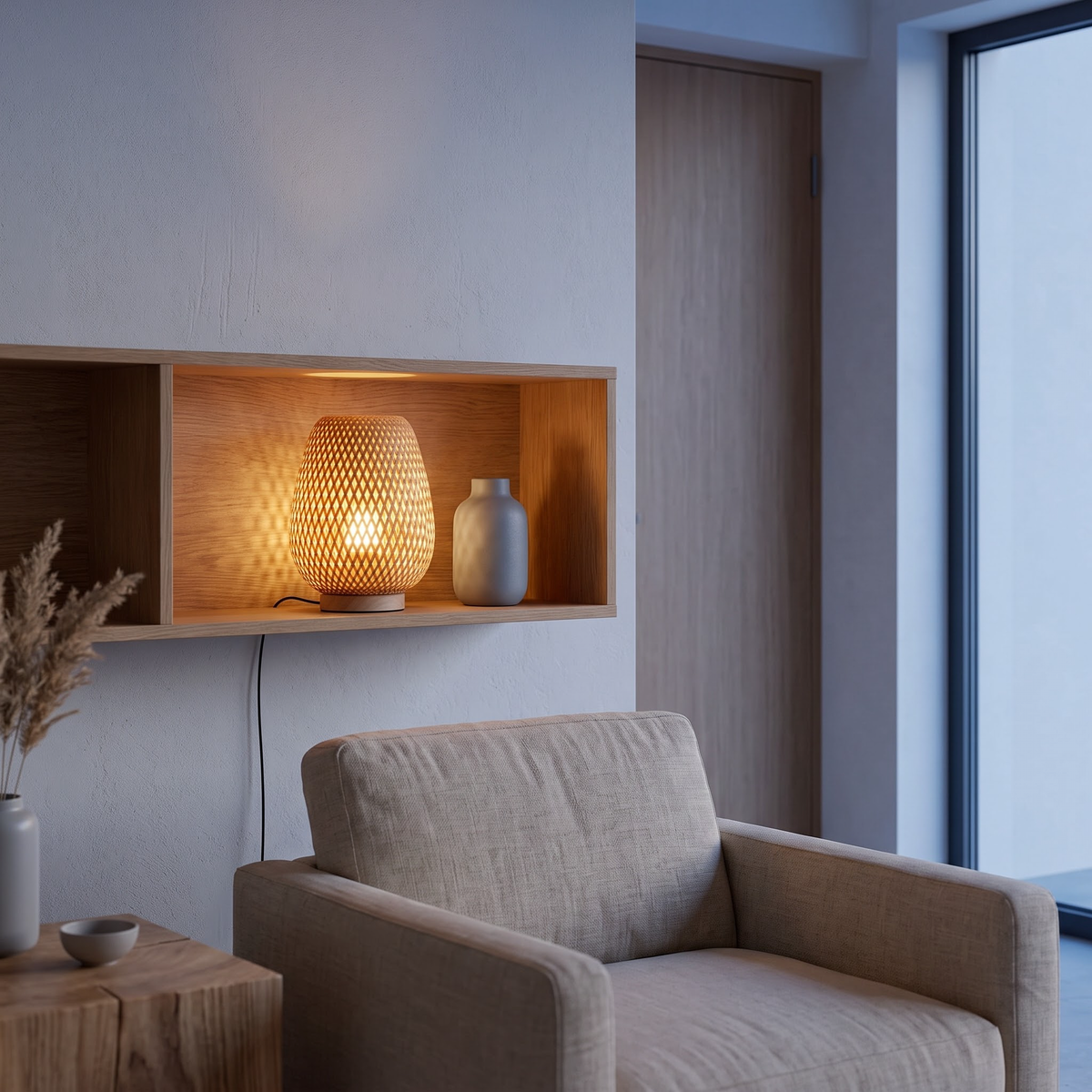 Small bamboo lattice lamp on an oak shelf in a Japandi living room