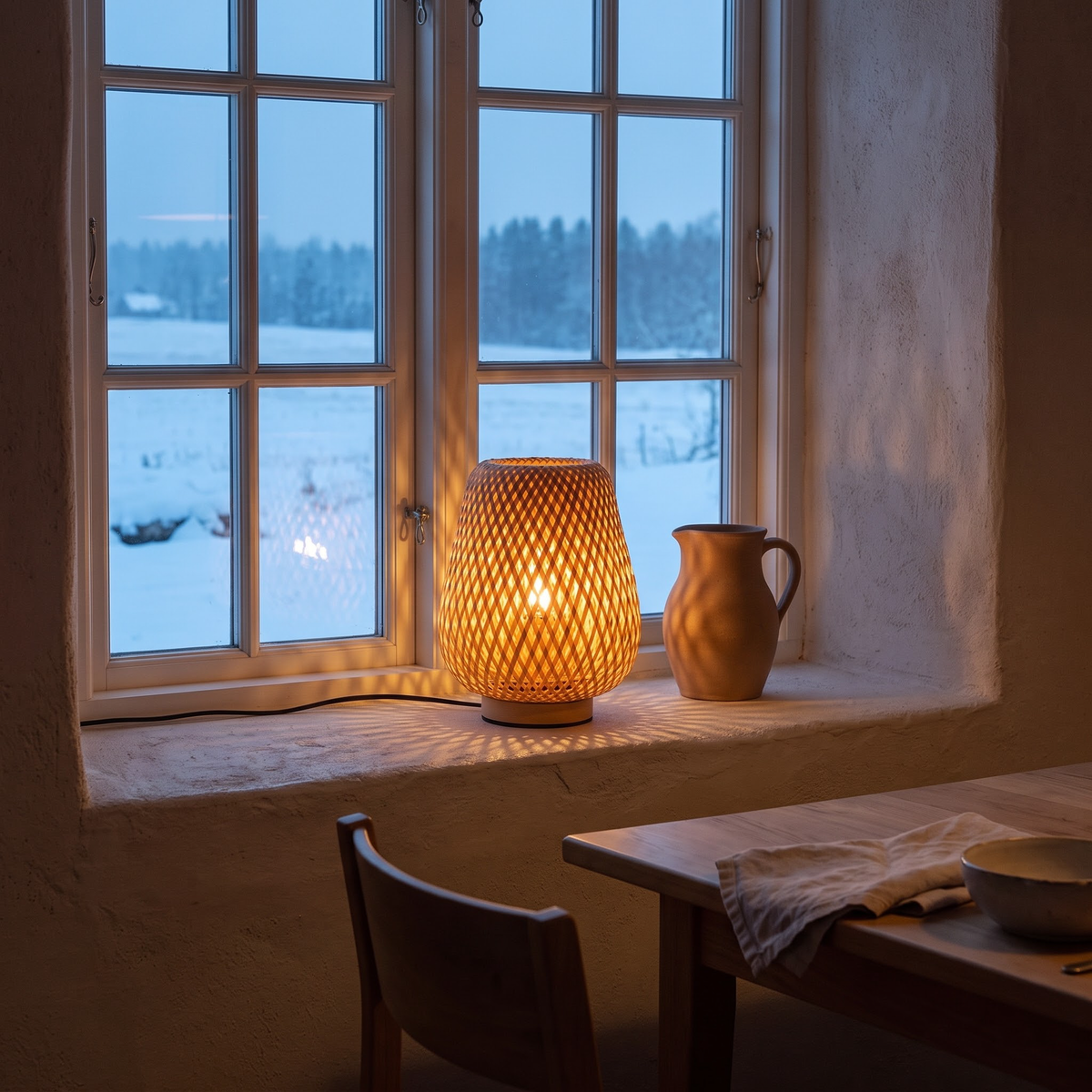 Bamboo woven lamp on a plaster windowsill at winter dusk