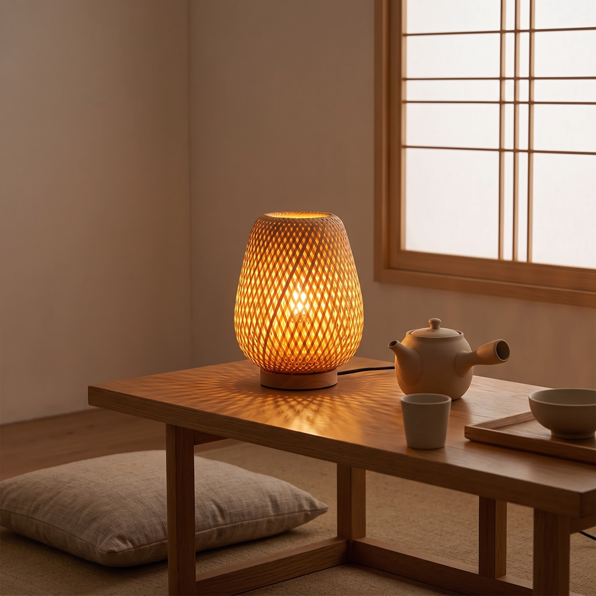 Woven bamboo lamp on a low oak table beside a ceramic teapot