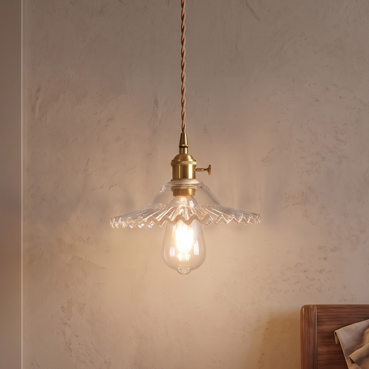 Clear scalloped glass pendant with brass socket beside a bed