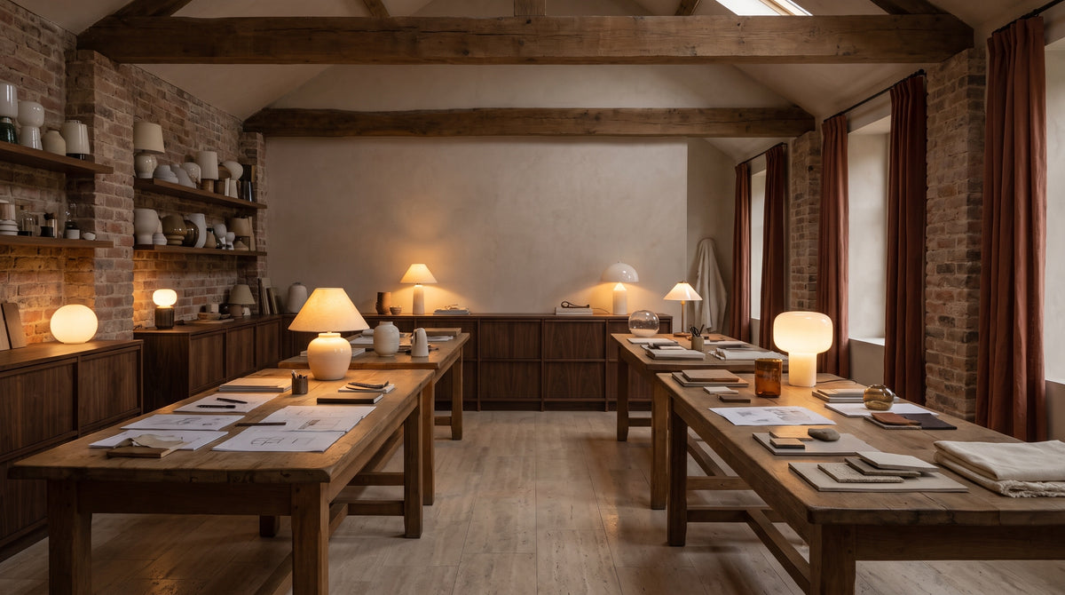 Oak worktables and shelves of glass and ceramic lamp shades, with several lamps glowing at dusk