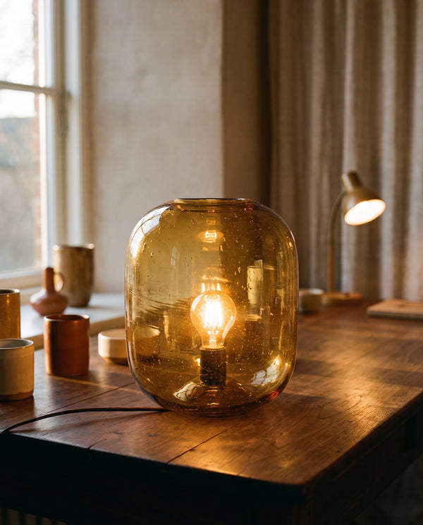 A hand-blown amber glass lamp glowing on a walnut desk