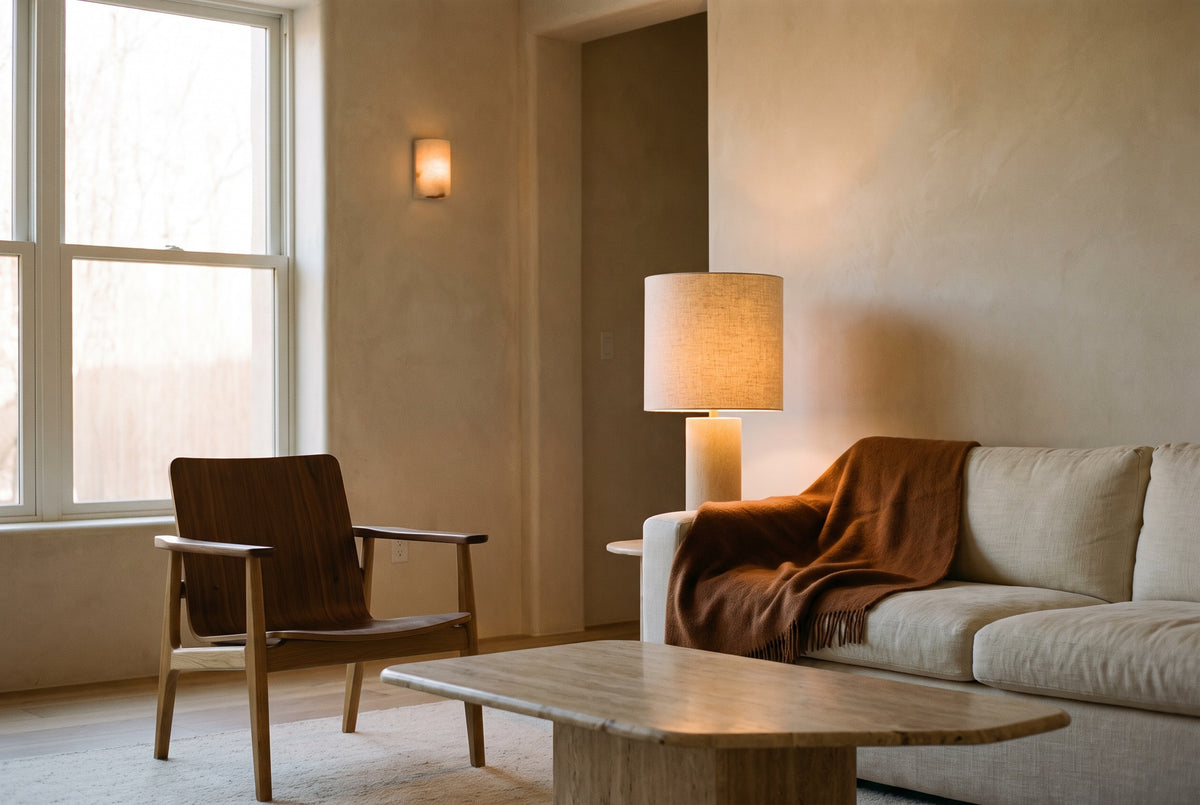 A linen-shaded table lamp glowing on a travertine table in a calm living room