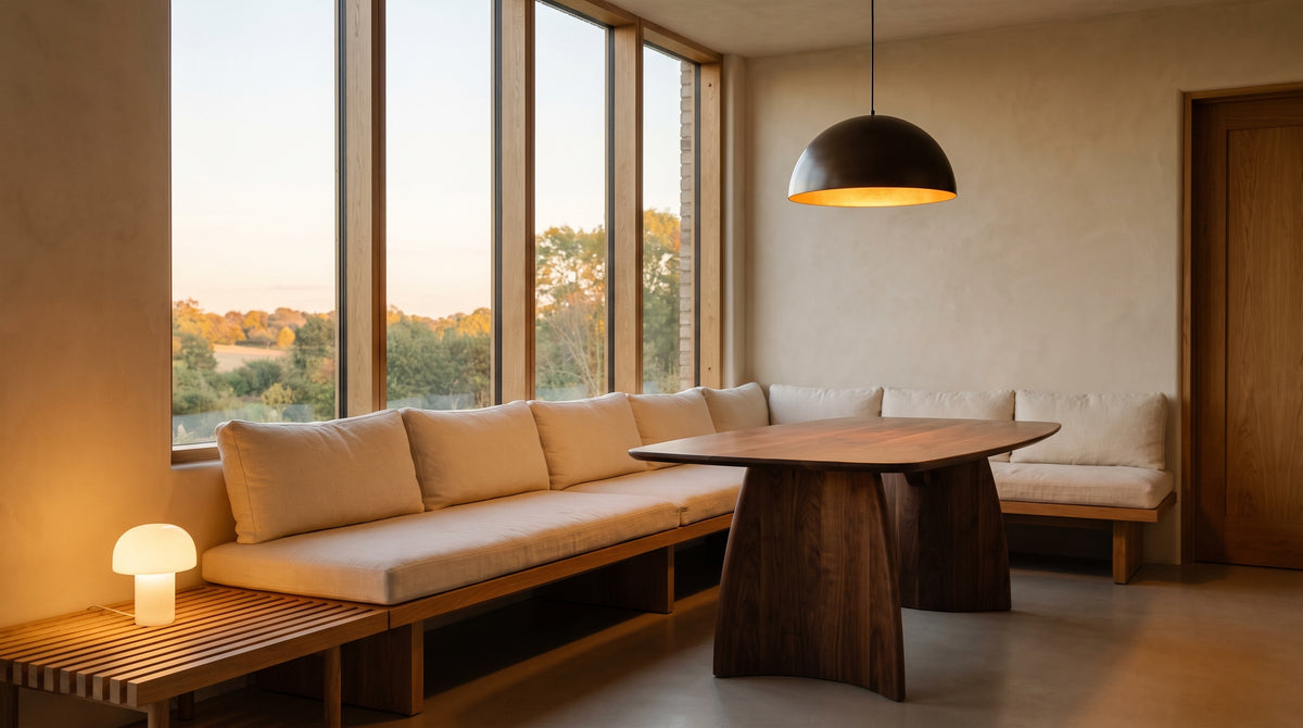 A modernist living room at dusk with a bronze dome pendant glowing above a walnut table