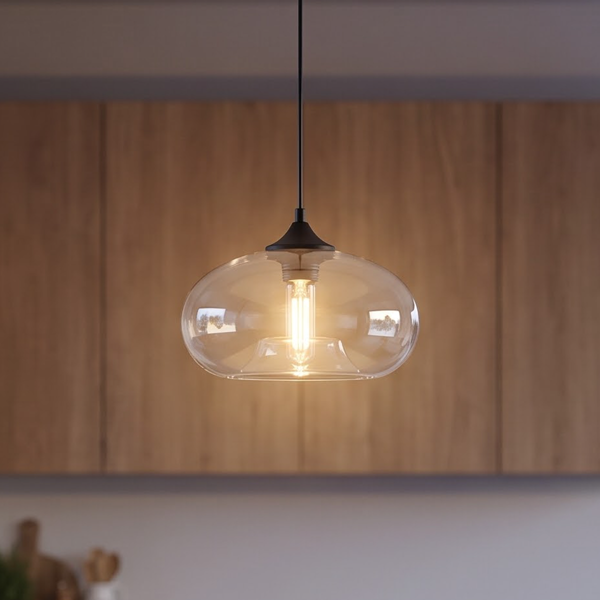 Clear glass orb pendant light glowing over a stone kitchen island