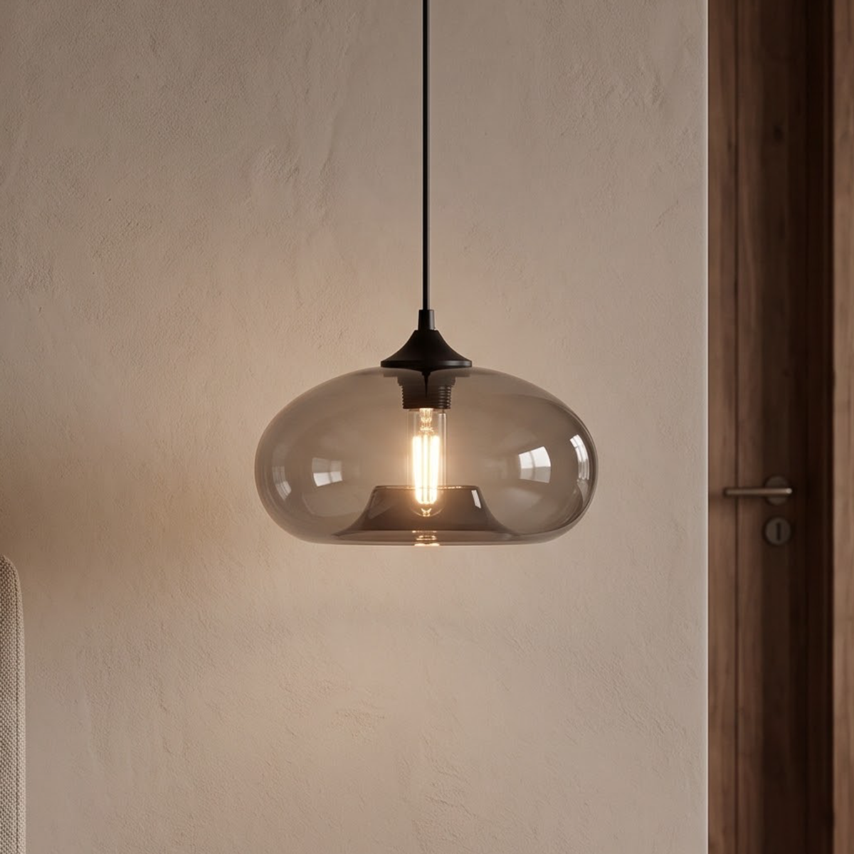 Smoke grey glass pendant hanging low over a walnut nightstand