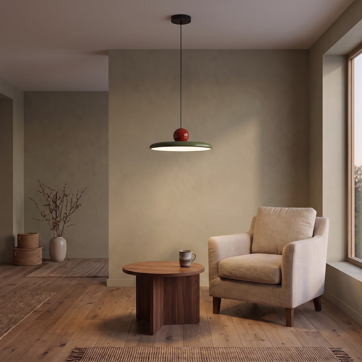 Green saucer pendant hanging low over a walnut side table at dusk