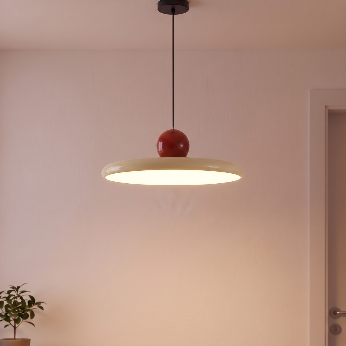 Cream beige saucer pendant with glossy red ball above a breakfast table