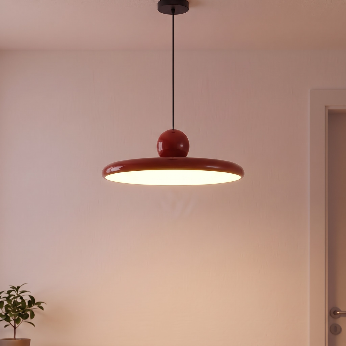 Red saucer pendant light hanging low above a walnut nightstand