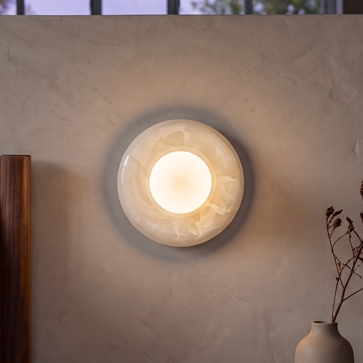 Ivory onyx disc wall light with frosted glass ball above a sofa