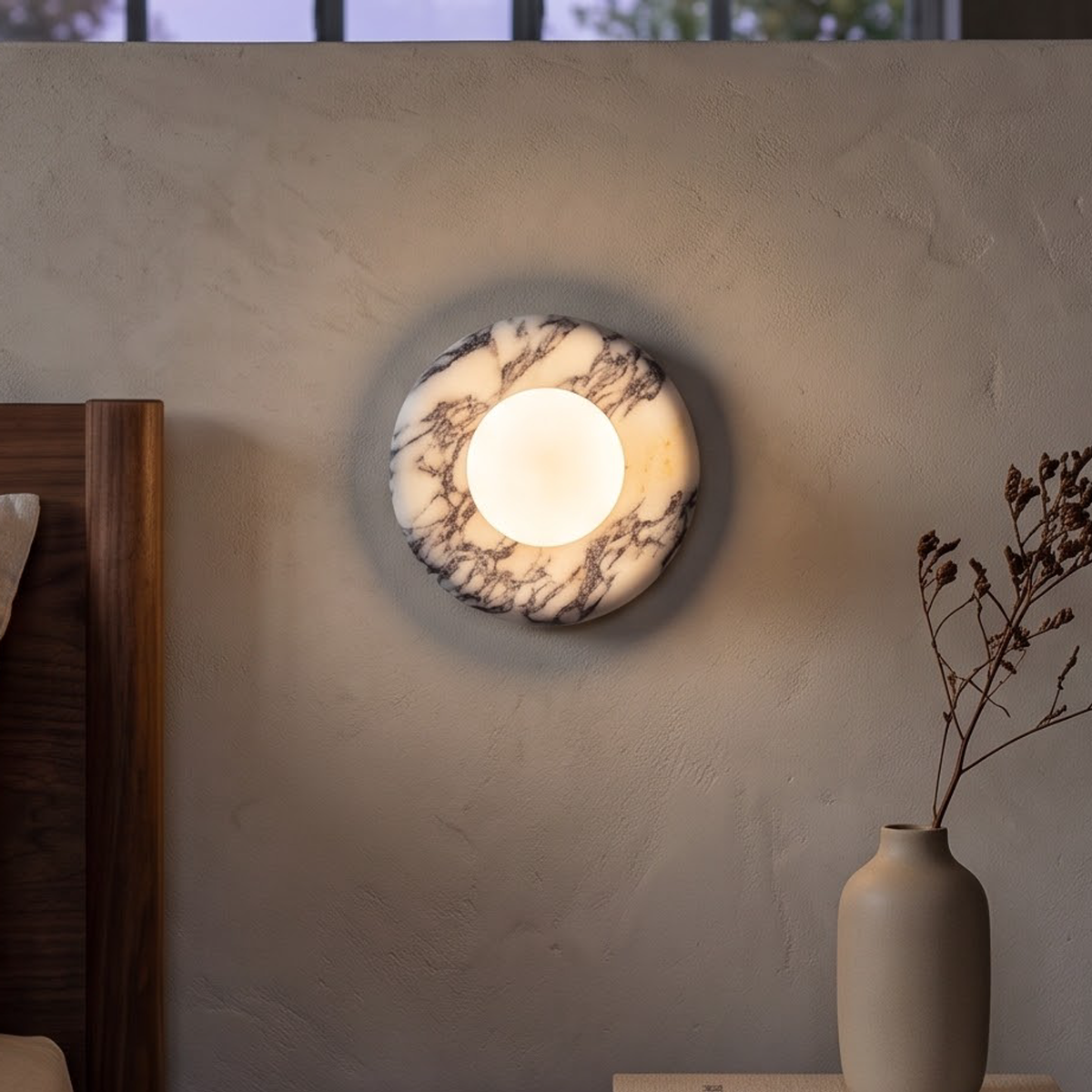 Veined white marble disc wall light beside a bed at dusk