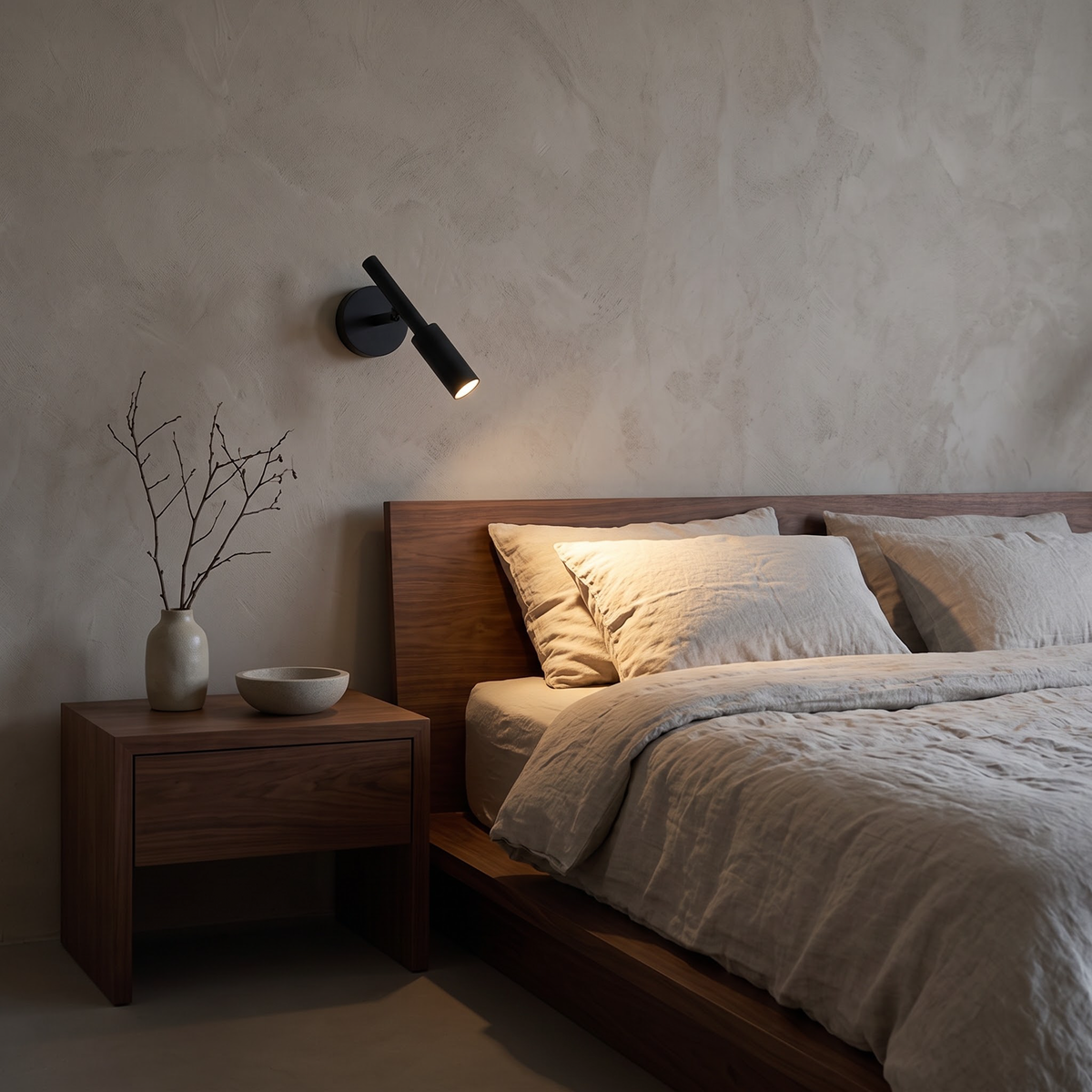 Black slim wall reading spot beside a walnut bed in a plaster bedroom
