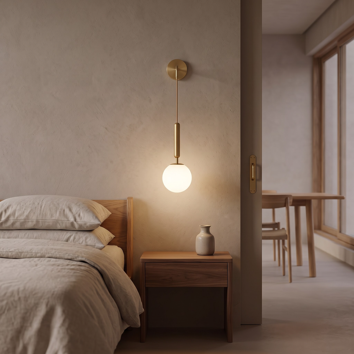Brass long-drop wall sconce with frosted glass globe above a nightstand
