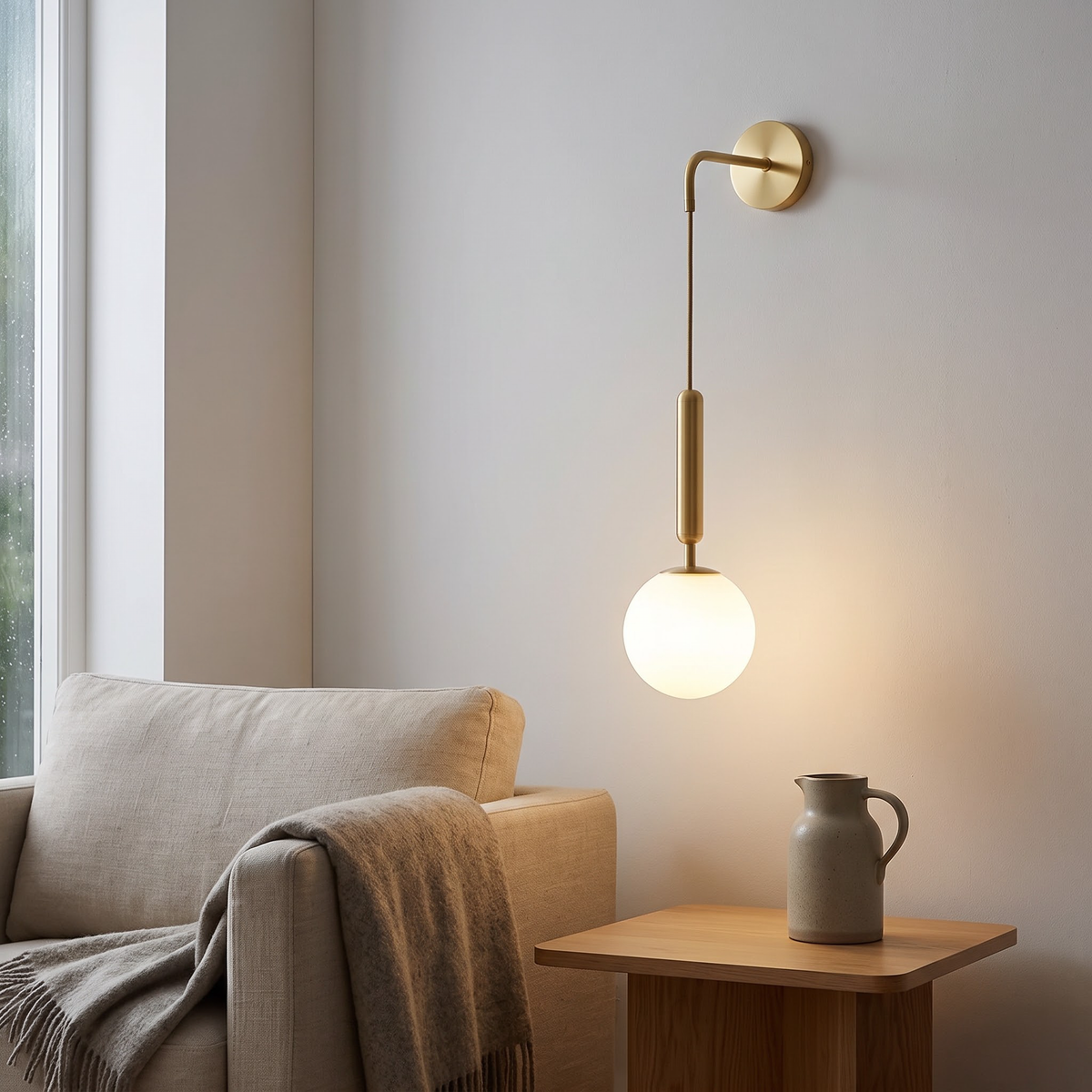 Brass wall light with glass globe hanging beside a linen sofa