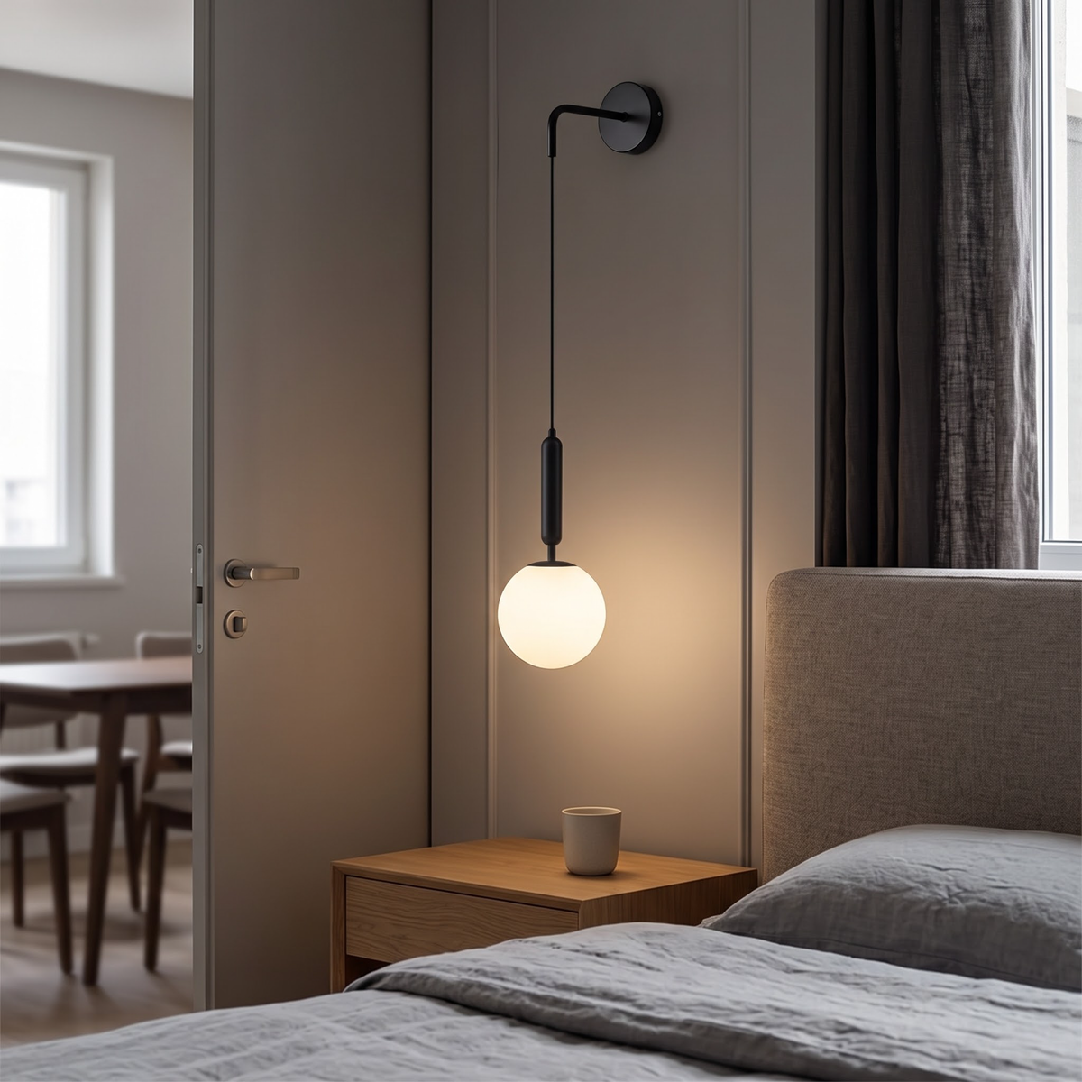 Black long-drop wall sconce with frosted globe beside a headboard
