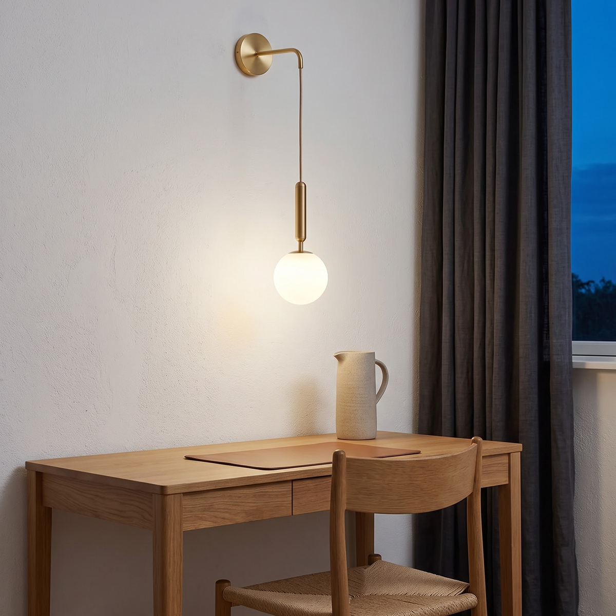 Brass drop sconce with white glass globe lighting an oak desk