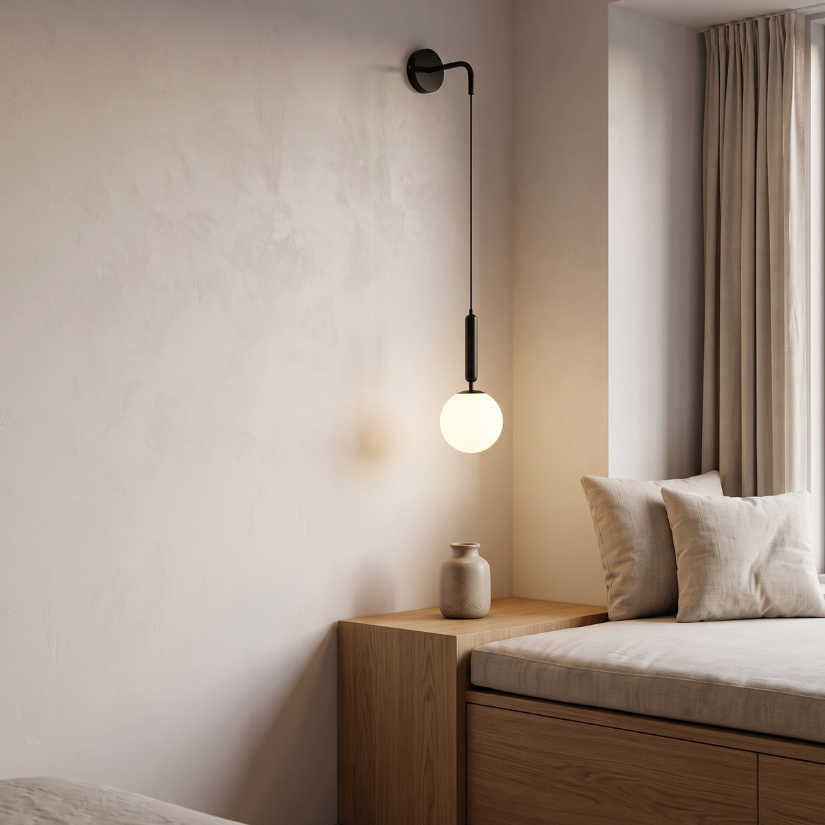 Black wall sconce with glass globe beside a cushioned window seat