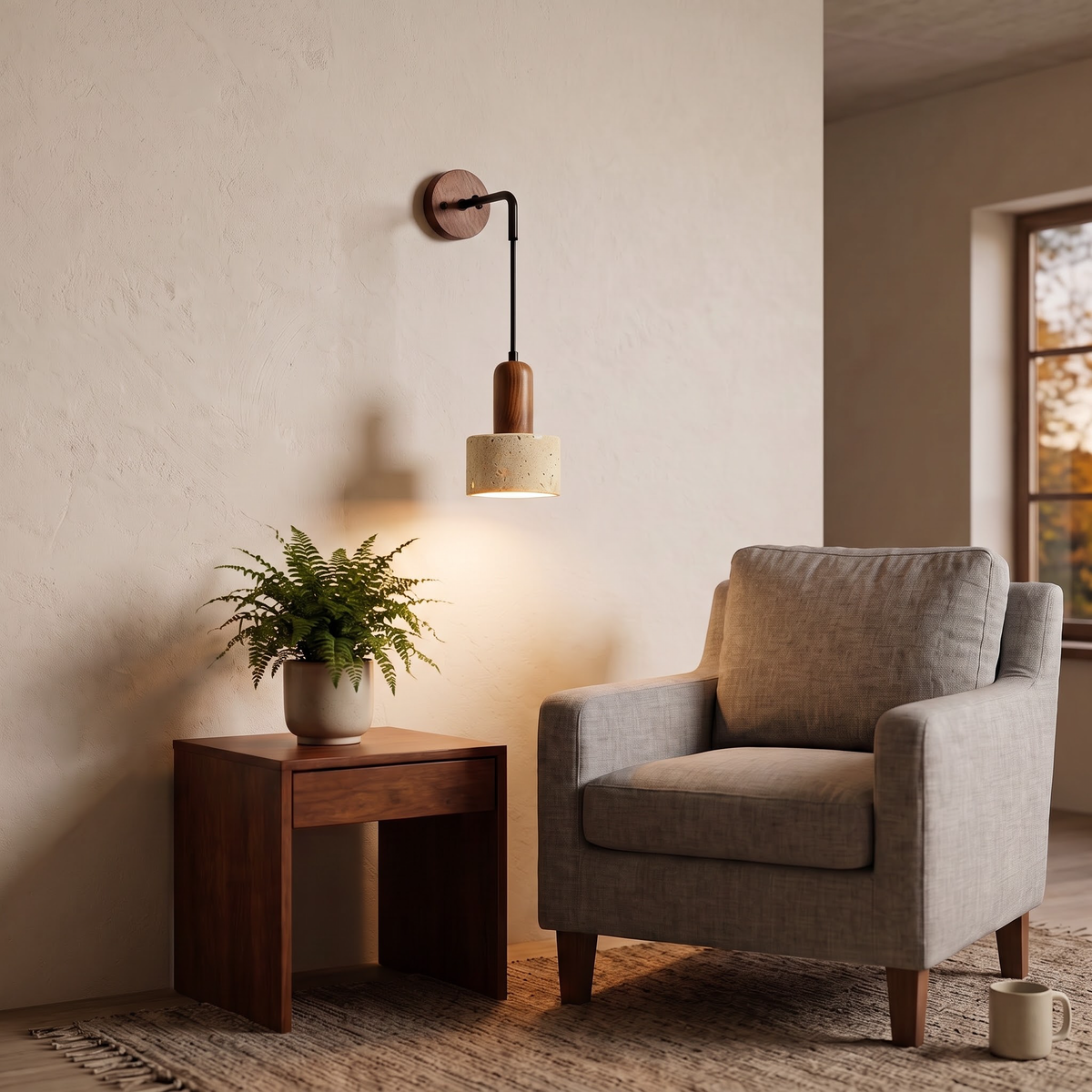 Stone and wood wall pendant beside a linen armchair and side table