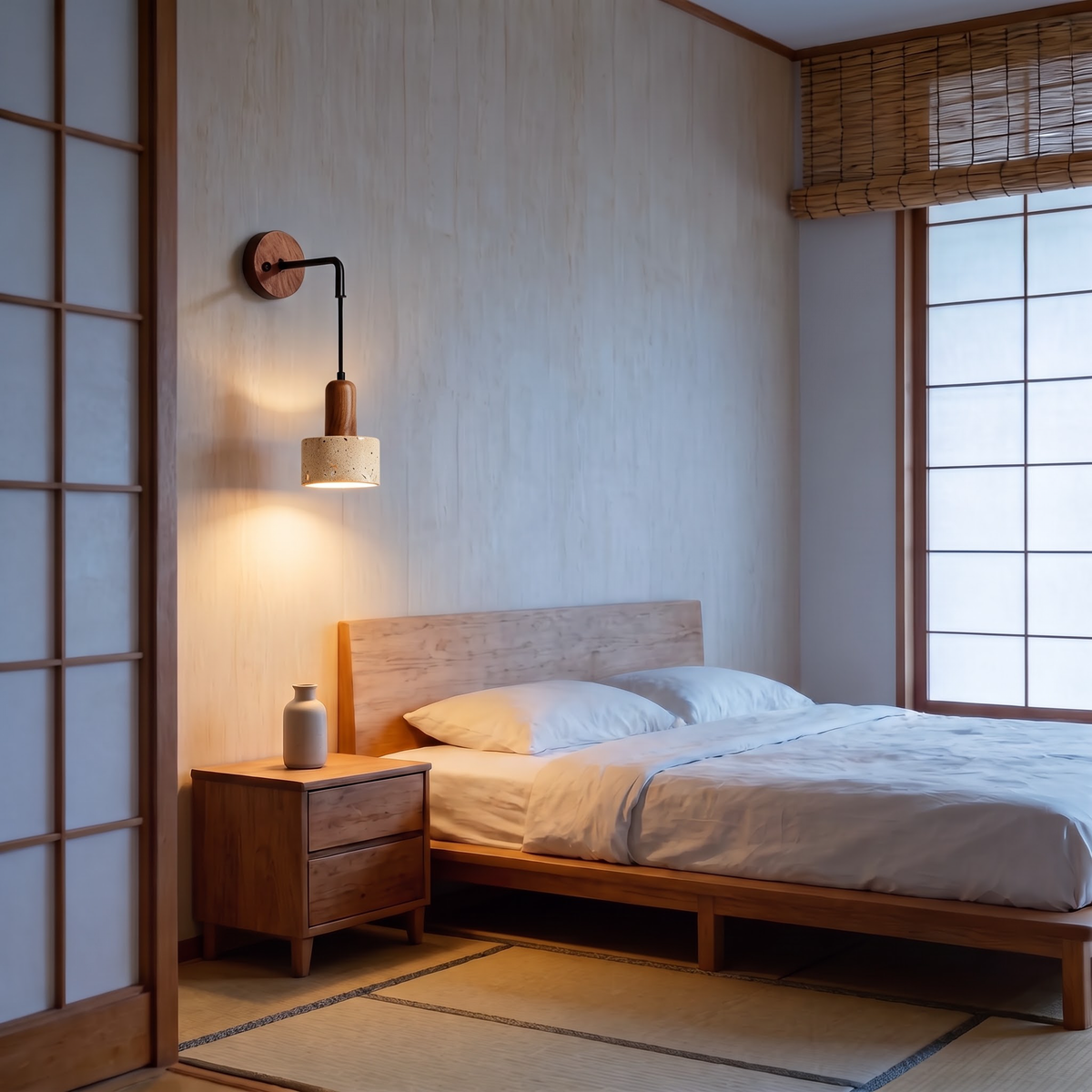 Travertine wall pendant beside a low oak bed at blue hour
