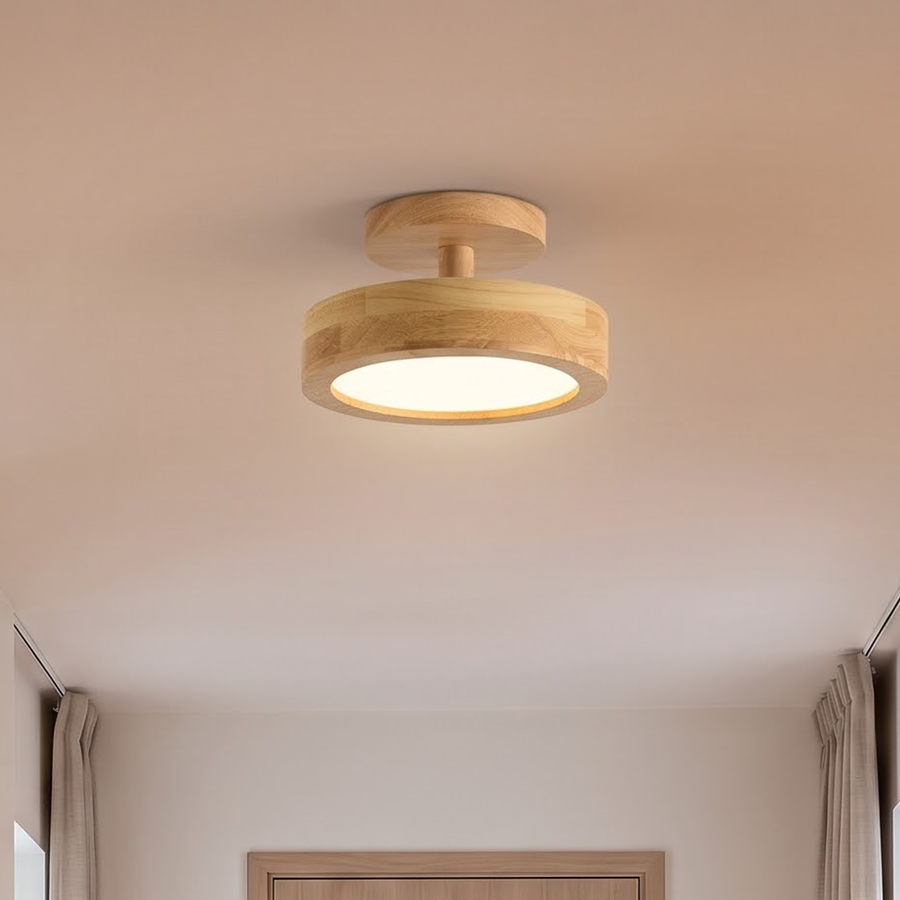 Natural wood semi-flush ceiling light glowing in a Japandi entry hall