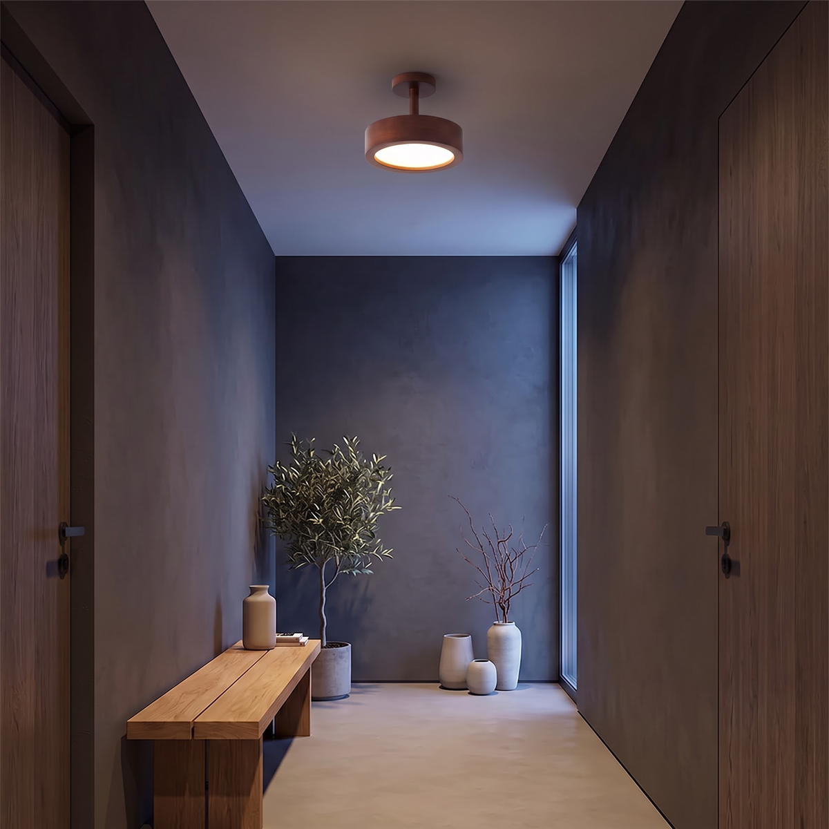 Walnut wood ceiling light above an oak bench in a dark corridor