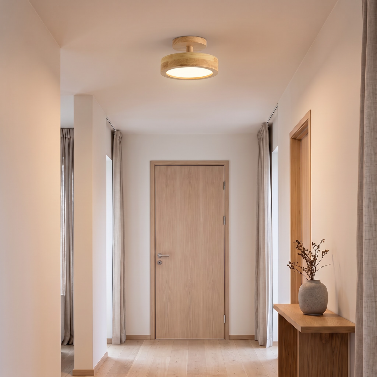 Light wood semi-flush ceiling light down a warm white hallway