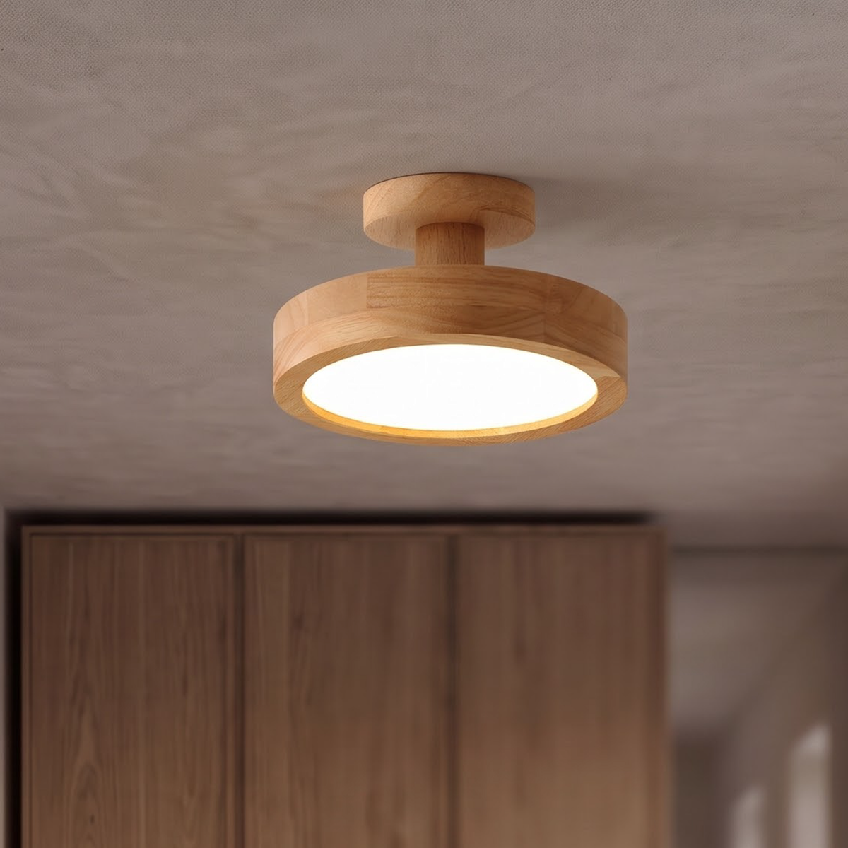 Natural wood mushroom ceiling light glowing in a calm dressing room