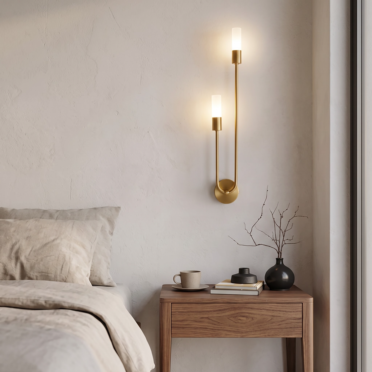 Slim brass twin-tube wall sconce glowing above a walnut nightstand