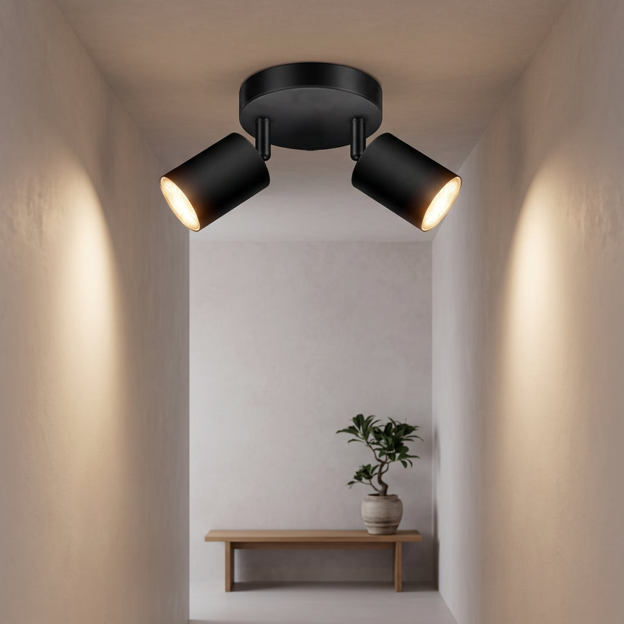 Black two-head ceiling spotlight lighting a plaster hallway at dusk