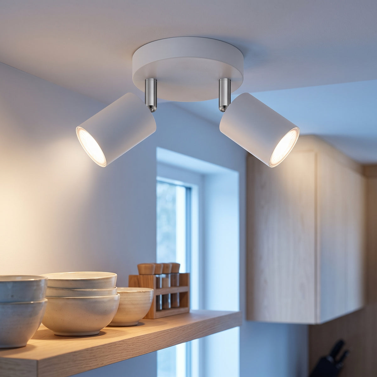 White two-head ceiling spotlight over a Nordic kitchen shelf