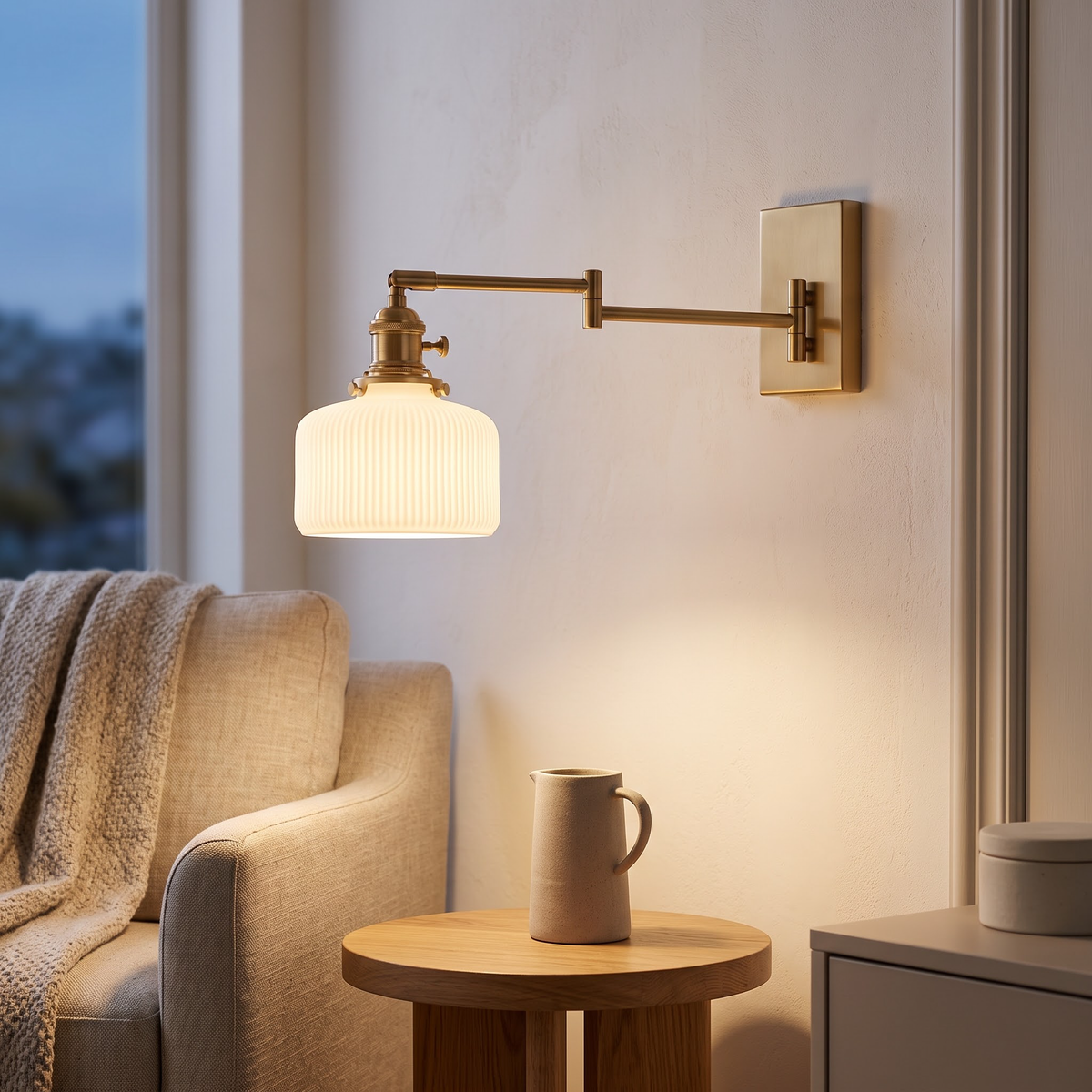 Hardwired brass swing-arm sconce with white ribbed ceramic drum shade