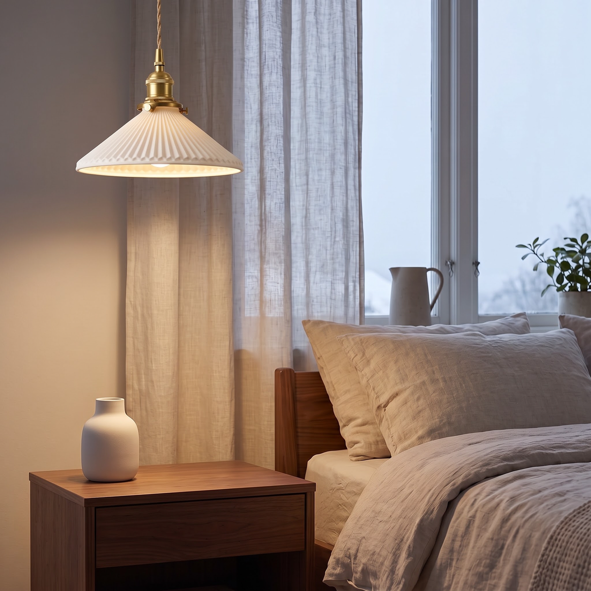 Ceramic pleated pendant hanging low beside a bed in winter light