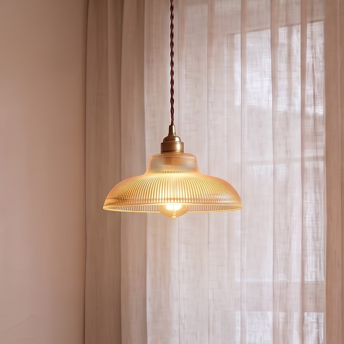 Amber ribbed glass pendant light hanging over a walnut side table