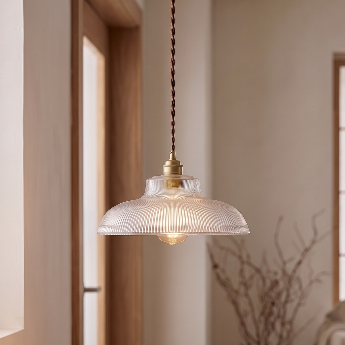 Clear ribbed glass pendant light glowing above an oak entry console