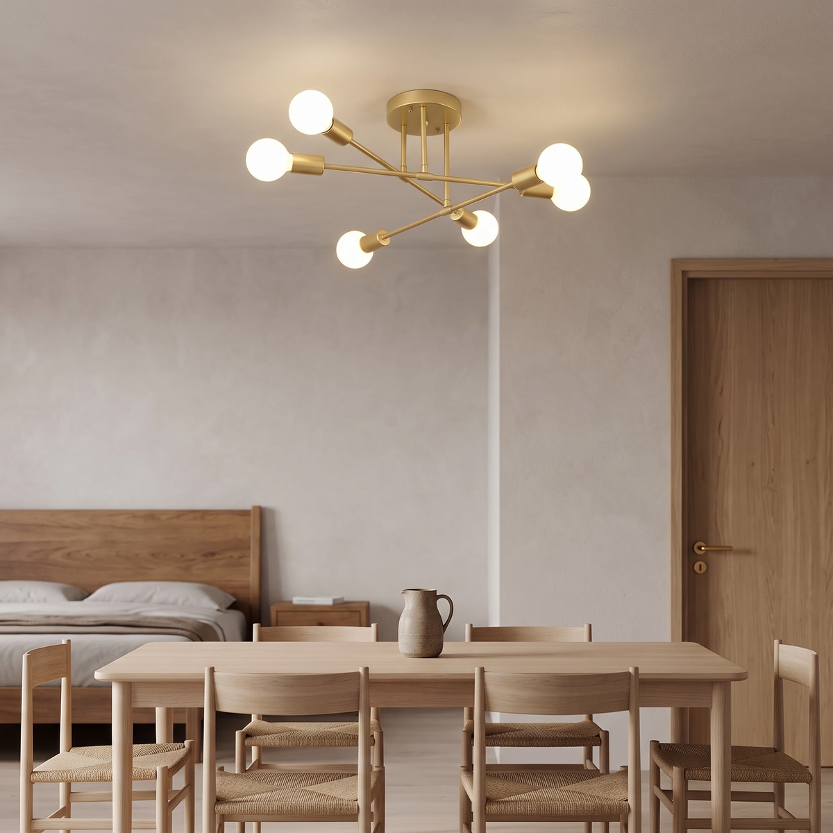 Gold six-light pinwheel ceiling light glowing above an oak dining table
