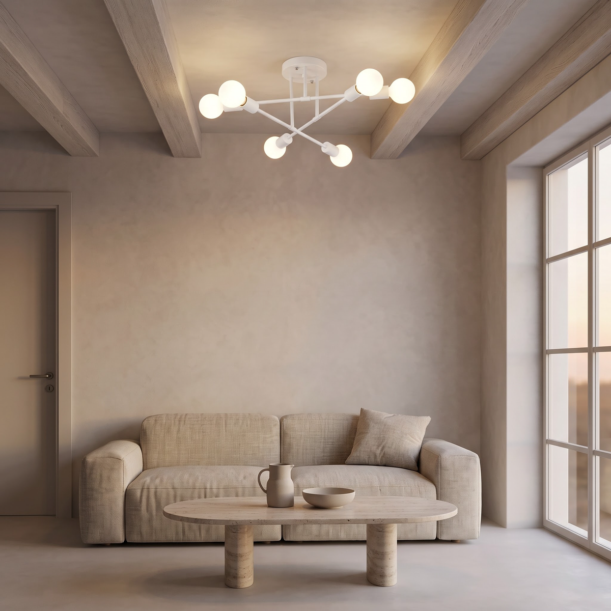 All-white six-light pinwheel semi-flush ceiling light in a living room