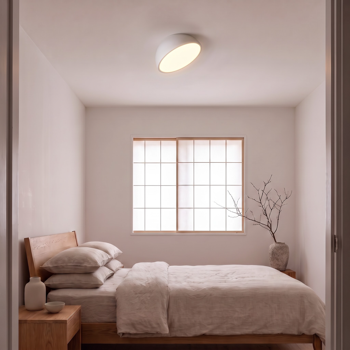 White tilted dome ceiling light above an oak bed in a Japandi bedroom