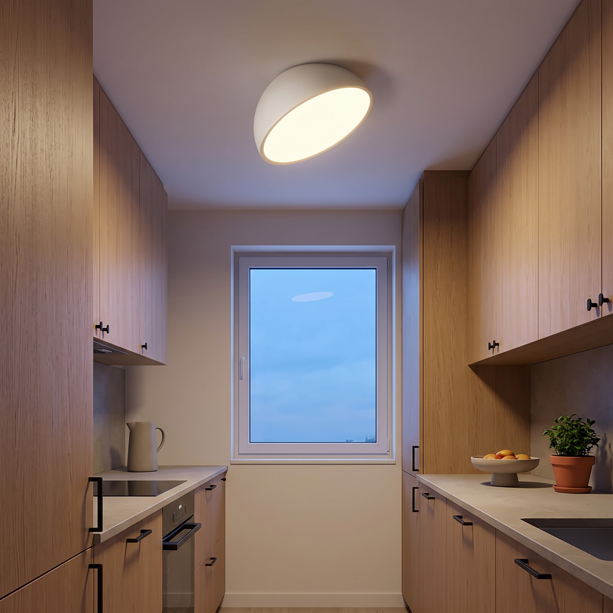 White dome flush mount light in a narrow oak and stone kitchen