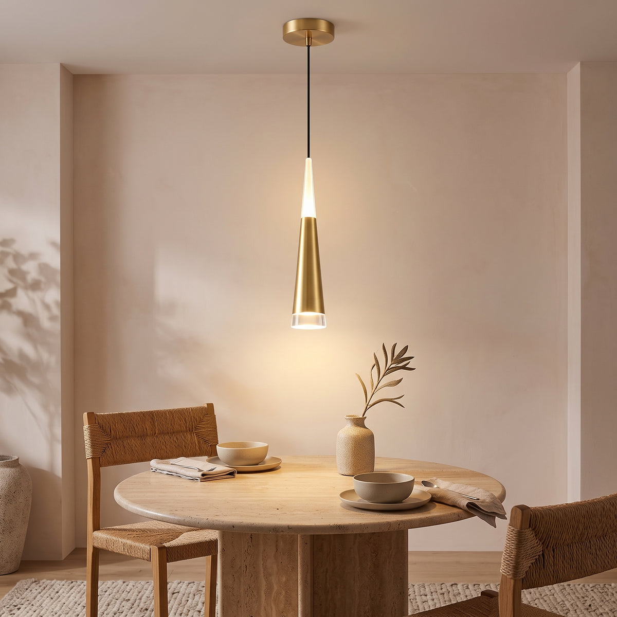 Gold mini pendant light above a travertine dining table in the evening