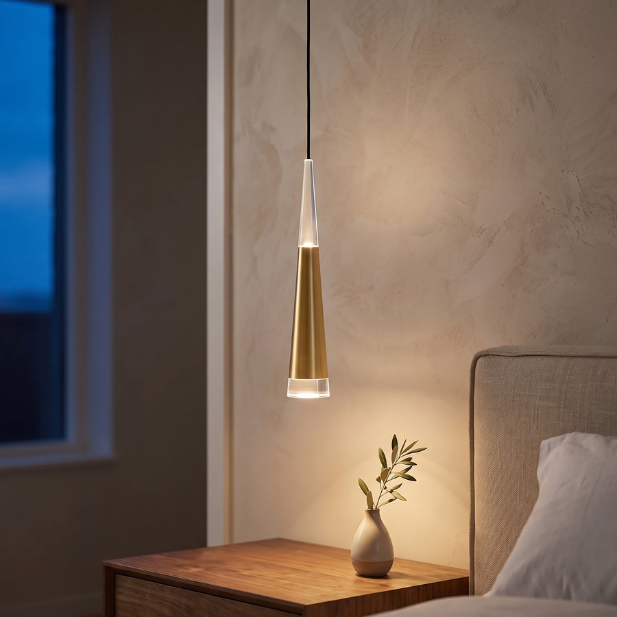 Hari Mini Cone Pendant – Slim Gold Cone with Clear Acrylic Tip, Warm White