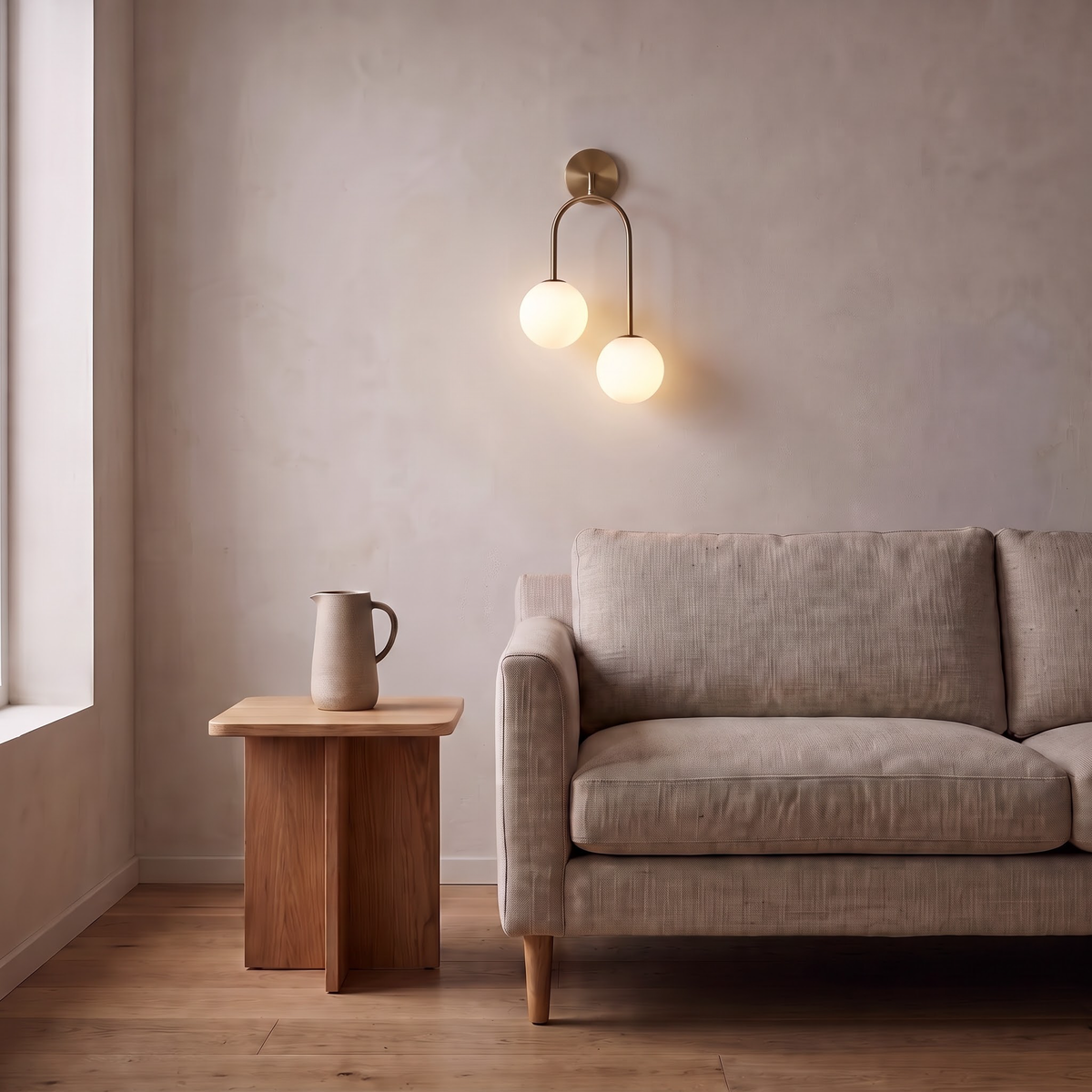 Two-globe brass arch wall light above a linen sofa at dusk