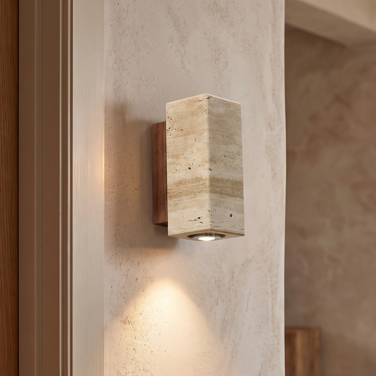 Square travertine wall sconce on a walnut plate glowing beside a door
