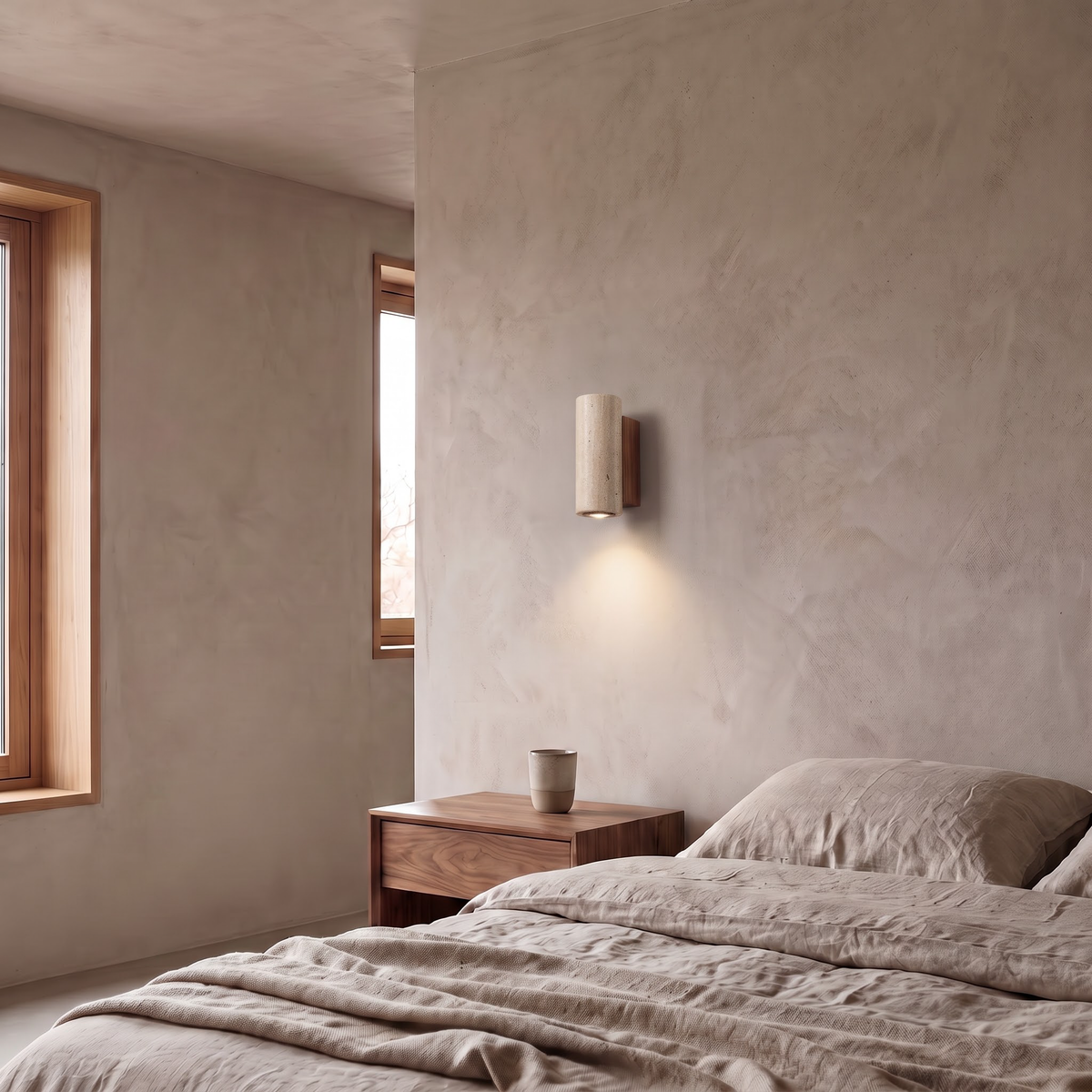 Round travertine wall sconce above a walnut nightstand in a linen bedroom