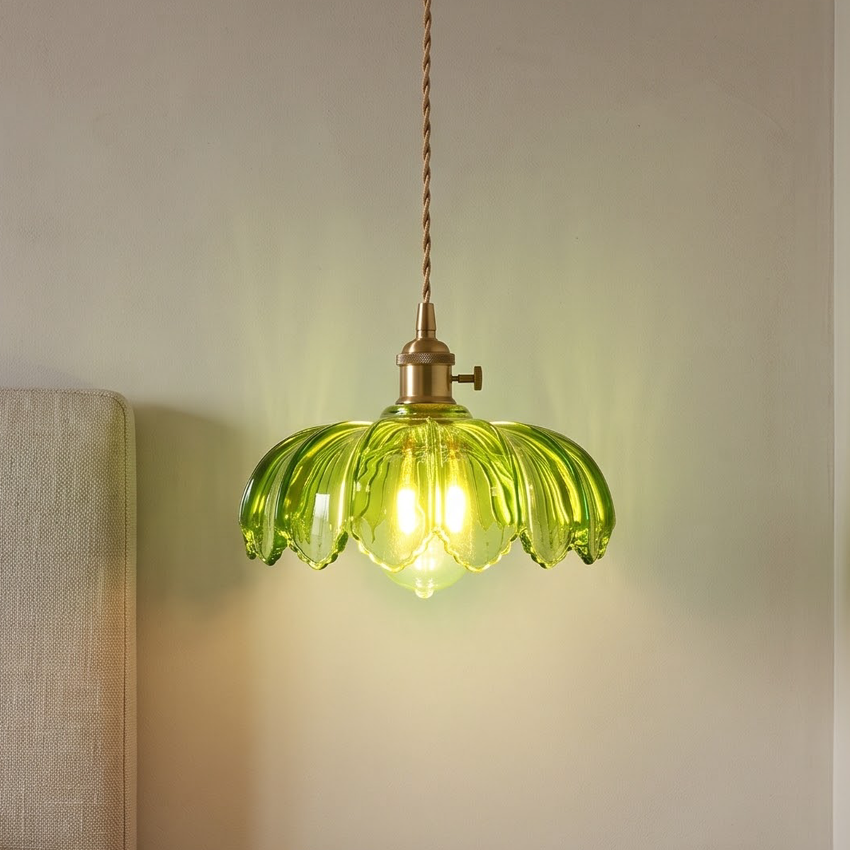 Green lotus glass pendant hanging low over a walnut bedside table